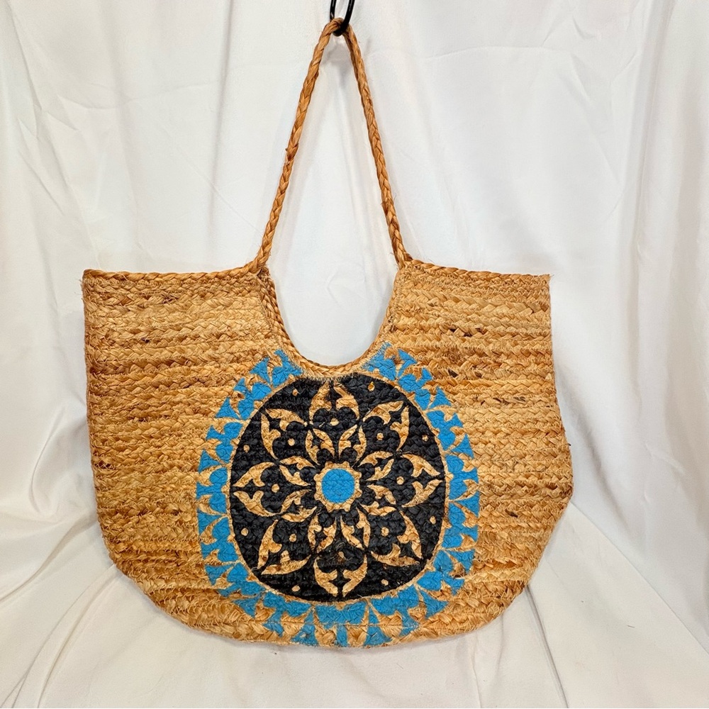 Anthropologie Antik Kraft Blue Medallion Large Jute Tote Bag Boho Beach Mandala